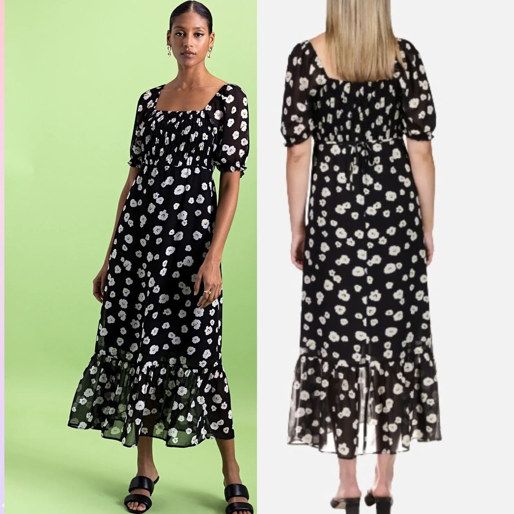 Sanctuary Black Floral Smocked Midi Dress, Plus Size 3X | Chiffon, cottage, boho